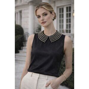 Milly Black Sleeveless Studded Collar Top Zip Back Made in USA Size 0